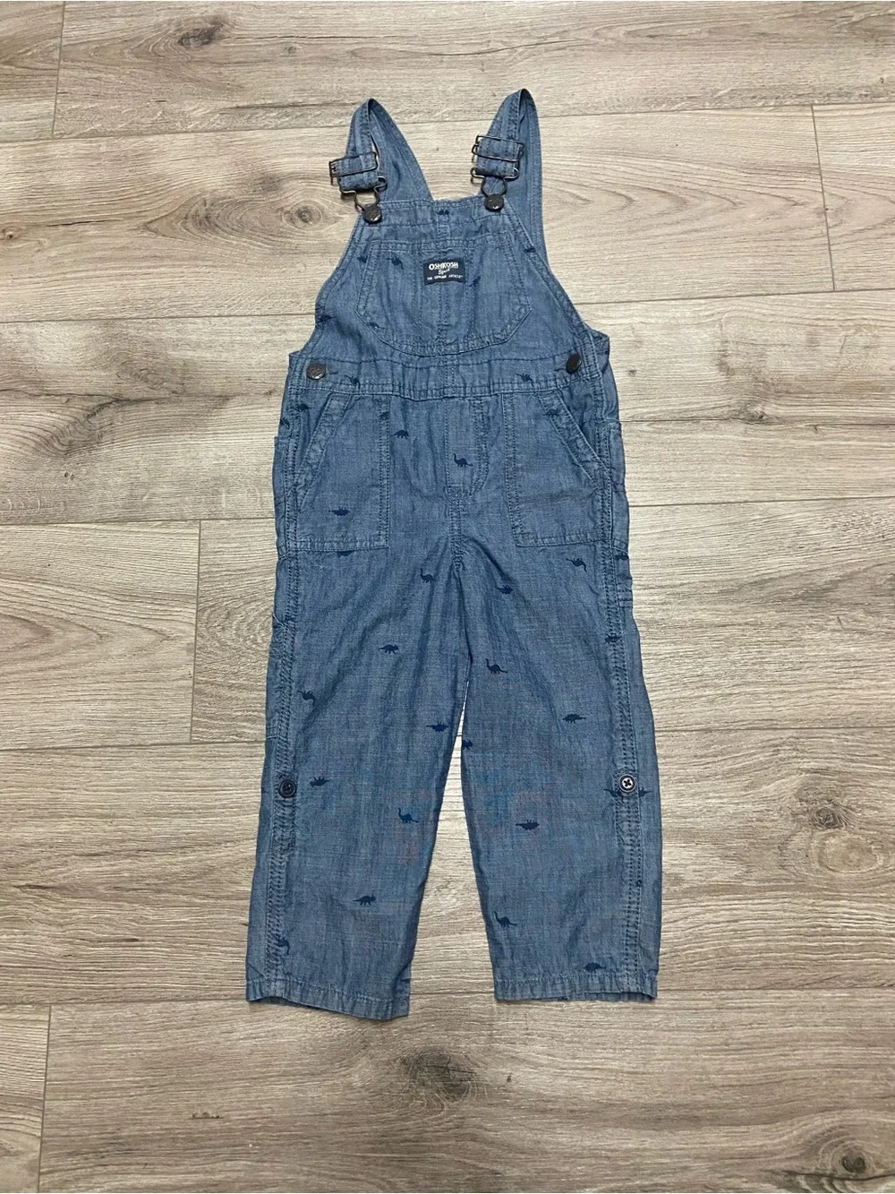 Oshkosh B’gosh Dinosaur Print Chambray Overalls 3T Blue Cotton